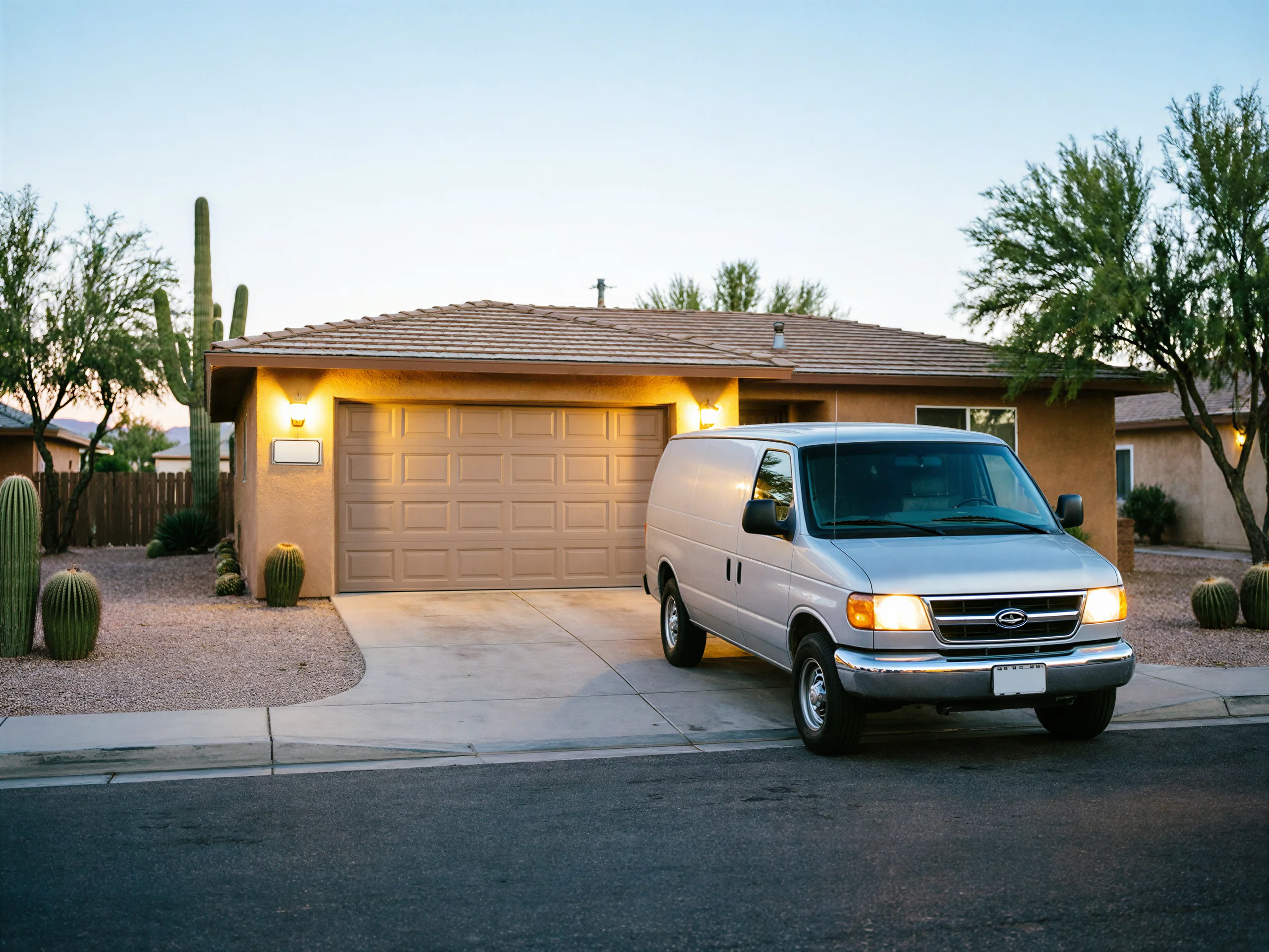 A silver service van is parked in the driveway of a house with a closed garage door.