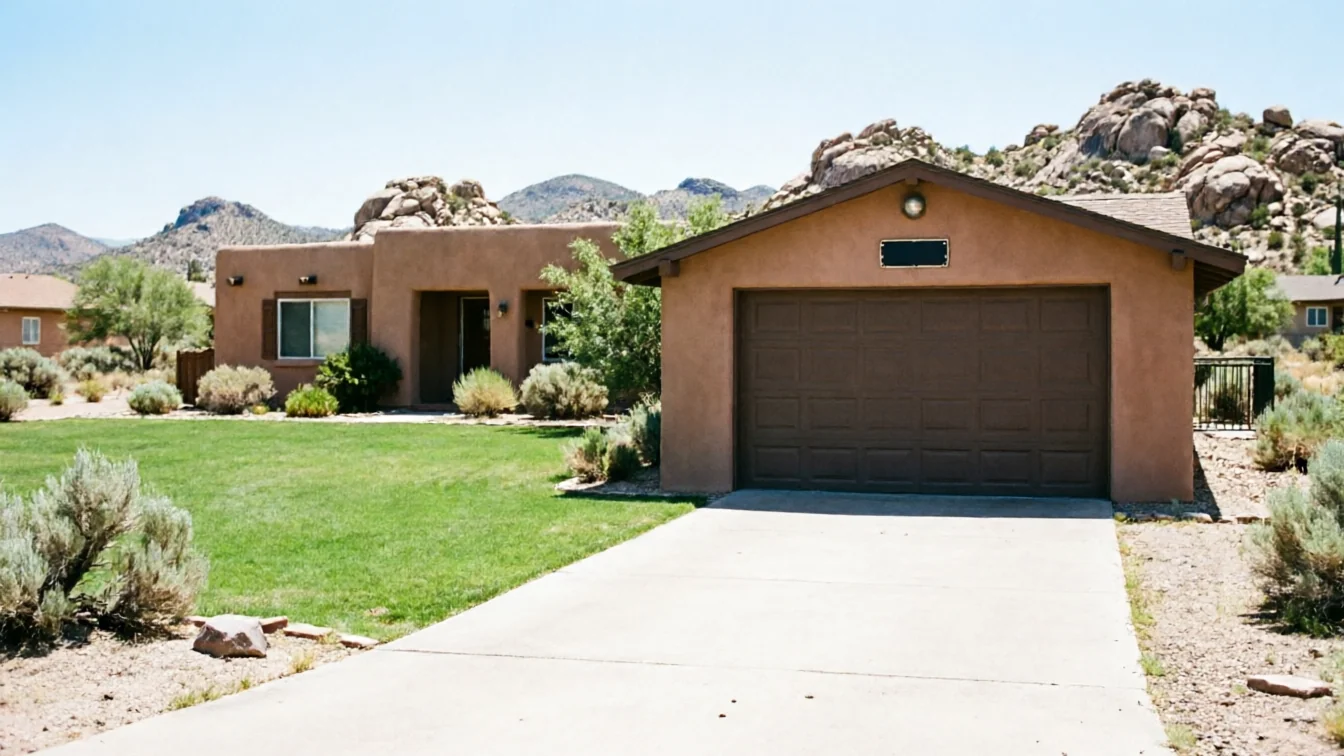 A brown garage door on a tan house with a green lawn and rocky hills in the background.