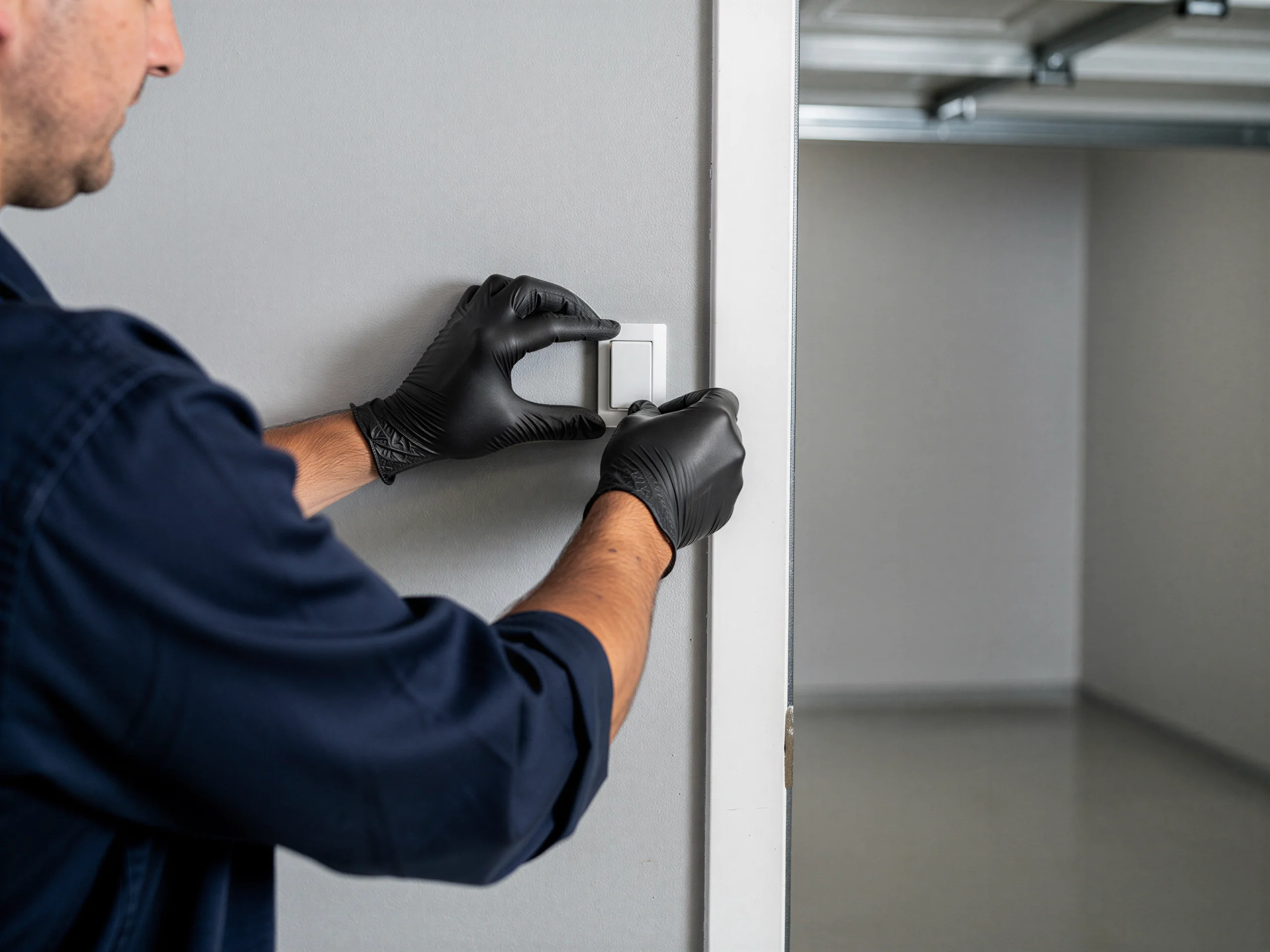 A technician in black gloves installs a white light switch on a gray wall.
