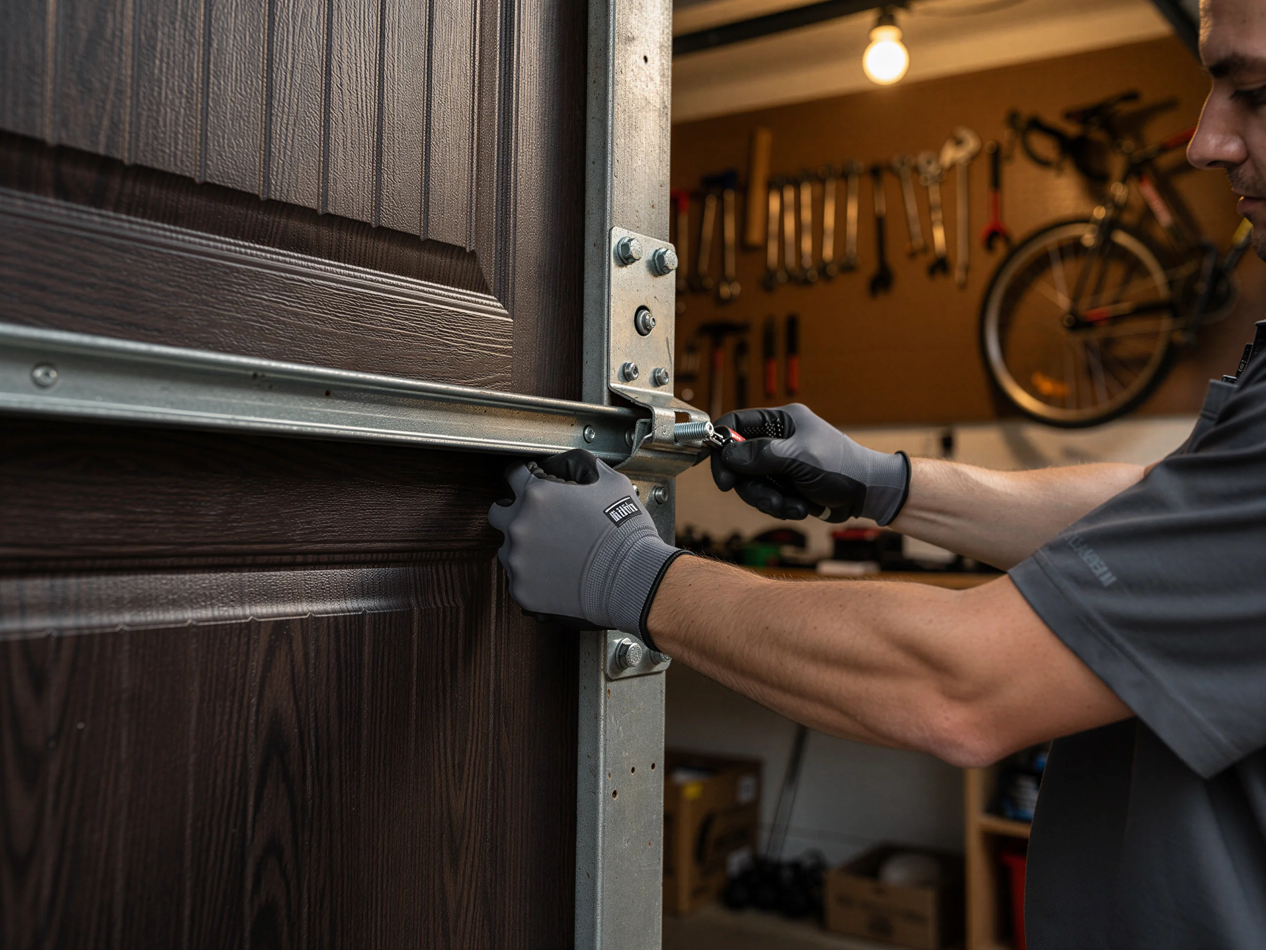 A technician in grey gloves works on a brown garage door track.