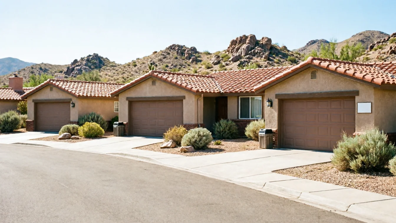 Three houses with brown garage doors and red tile roofs line a street.