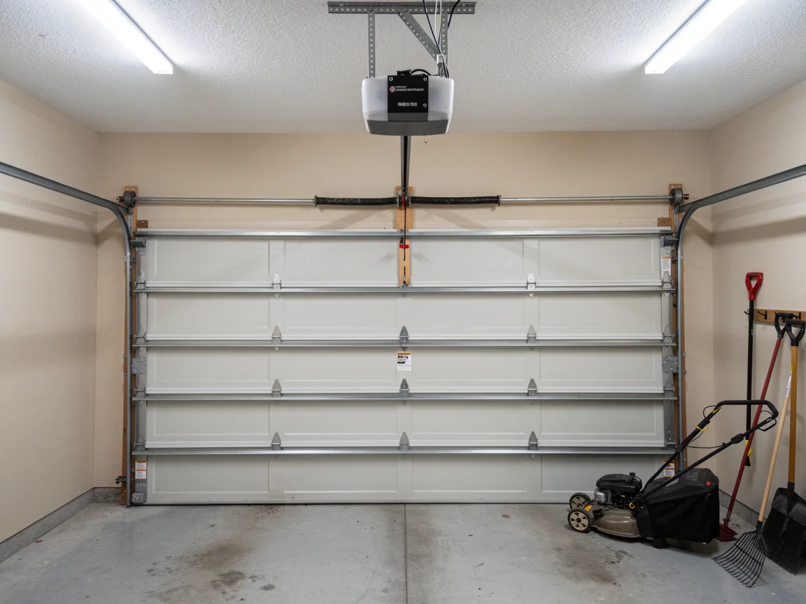 A white garage door is closed with an opener and torsion spring visible.