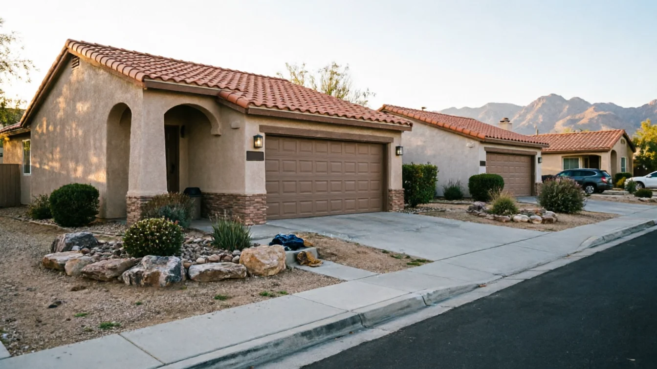 A brown garage door is on a stucco house with a tiled roof.