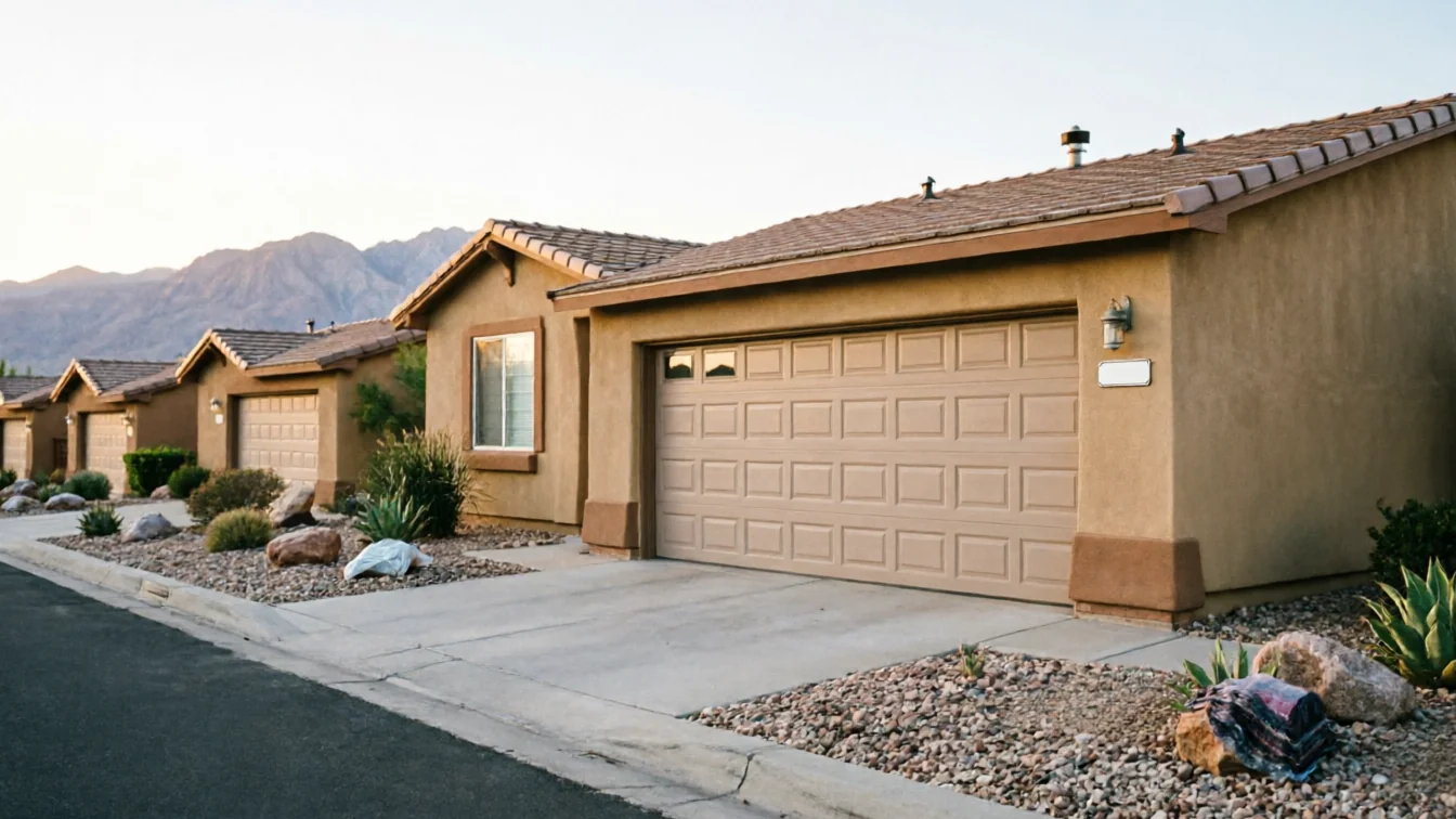 A row of houses with tan garage doors and desert landscaping.